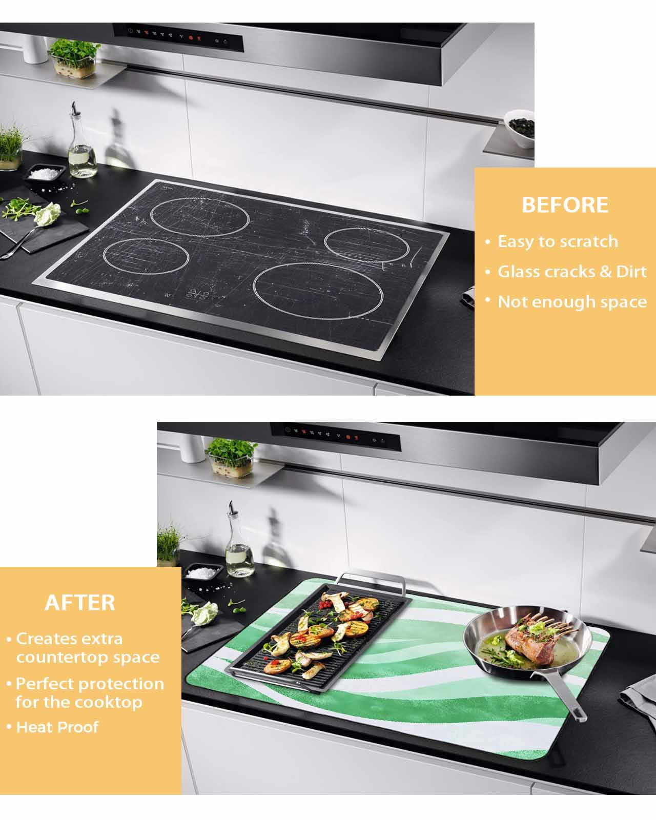 nqOlkjepod Large Induction Cooktop Protector Mat 24"x21", Green Stripe Stove Top Covers for Electric Stove, Abstract Waves Modern Ocean Coastal Texture Stove Burner Cover Mats, Glass Top Stove Cover