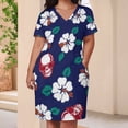 thumbnail image 3 of Skulls Hibiscuses Navy Blue Floral Print Summer Sundress for Curve Women Casual Pattern Plus Size V Neck Short Sleeve Loose Fit Oversize Dresses, 3 of 5