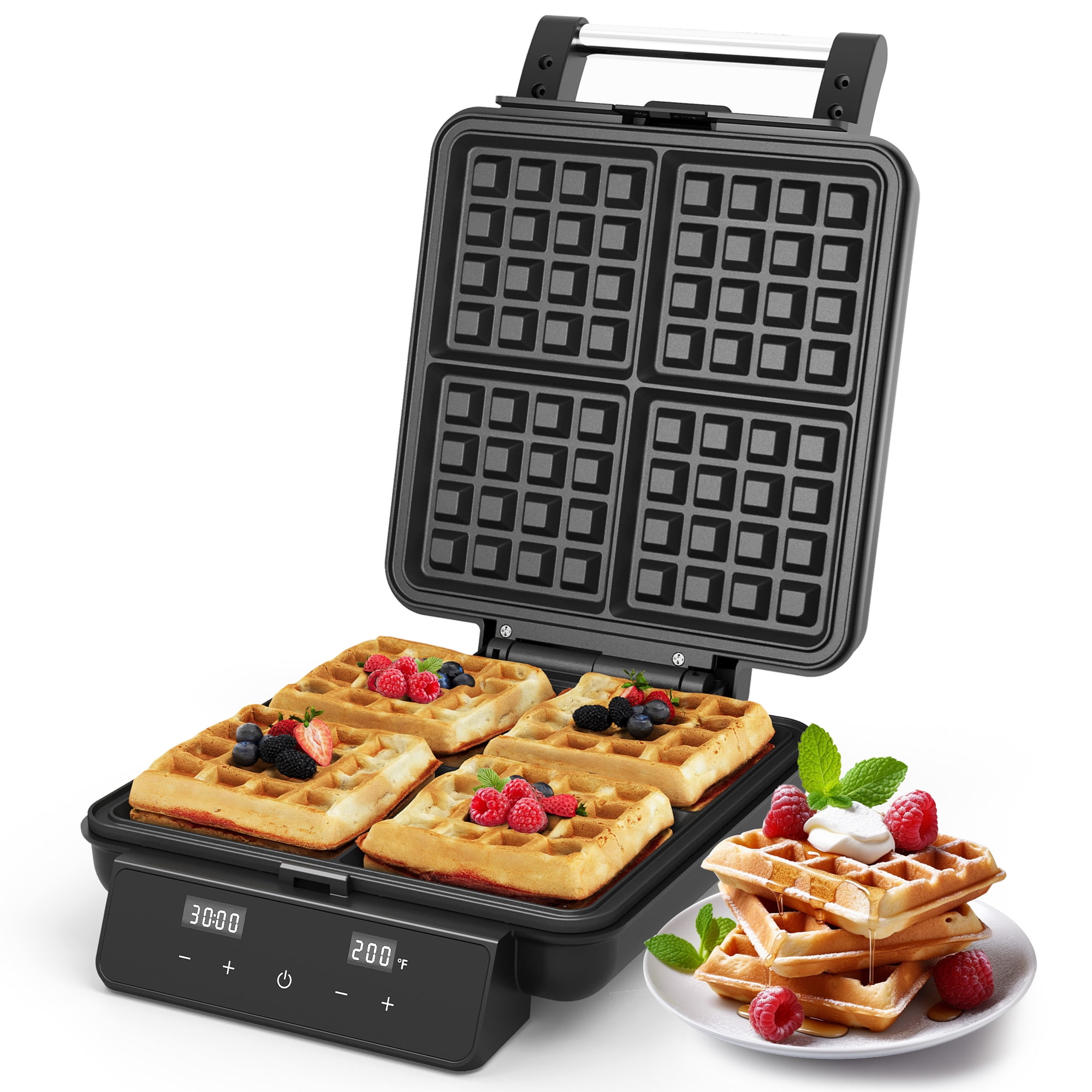 Sunvivi 4-Slice Belgian Waffle Maker, 1200W Waffle Iron with LCD Timer, Temp Control & Nonstick Plates, Stainless Steel, Black