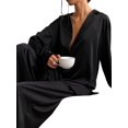 thumbnail image 3 of Women's Notched Collar Long Sleeve Top & Wide Leg Pants Loungewear Set Black S, 3 of 8