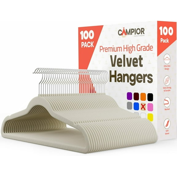 Campior Velvet Hangers 50 Pack – Heavy Duty 11 lb Capacity, 360° Swivel Hooks, Non-Slip Space-Saving Design, Smooth Velvet for Crease-Free, Ivory
