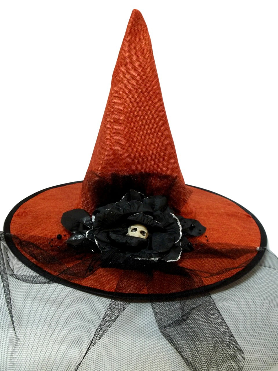 Orange Burlap Halloween Witch Hat w/ Veil Bow Skull Flower - Walmart.com