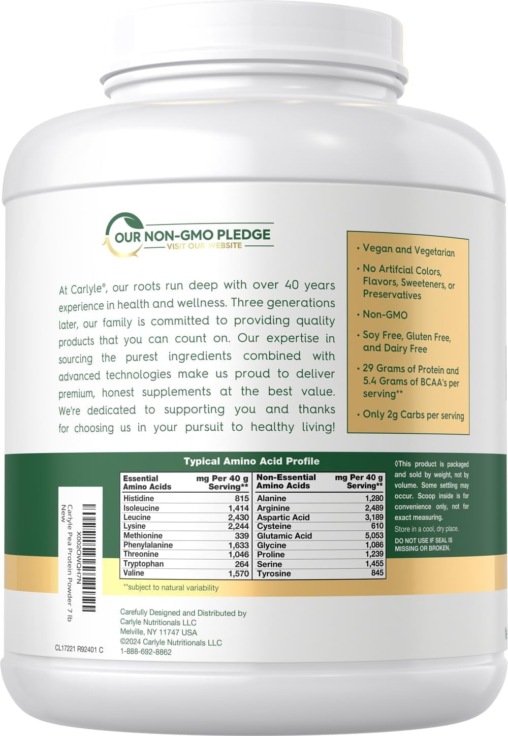Pea Protein Powder 7lb | Unflavored | 29g Protein Powder for Men and Women | by Carlyle