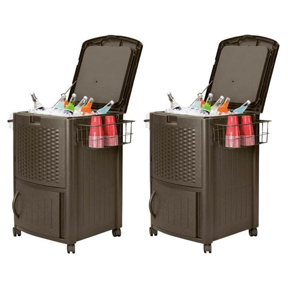 Suncast 77 Qt Resin Wicker Patio Cooler w/ Cabinet & Wire Basket, Java (2 Pack)