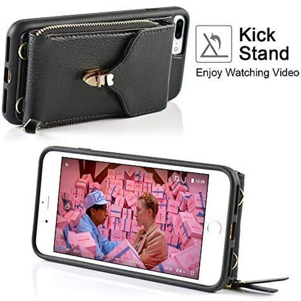 IGUOHAO iPhone 8 Wallet Case iPhone 7 Crossbody Case iPhone SE Wallet case with Card Slot Holder Zipper Wrist Strap Crossbody Chain Purse for Apple iPhone 7 8 SE 4.7 inch Black Walmart
