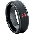 thumbnail image 1 of 0.05ctw Princess Cut Ruby Tungsten Ring - 8MM Brushed Black IP Stepped Edge Tungsten Carbide Wedding Band - July Birthstone Ring - 14kt Yellow Gold Bezel - TN083PSG-1RBs13, 1 of 2