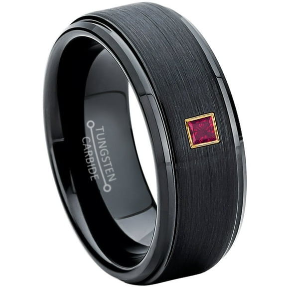 0.05ctw Princess Cut Ruby Tungsten Ring - 8MM Brushed Black IP Stepped Edge Tungsten Carbide Wedding Band - July Birthstone Ring - 14kt Yellow Gold Bezel - TN083PSG-1RBs9.5