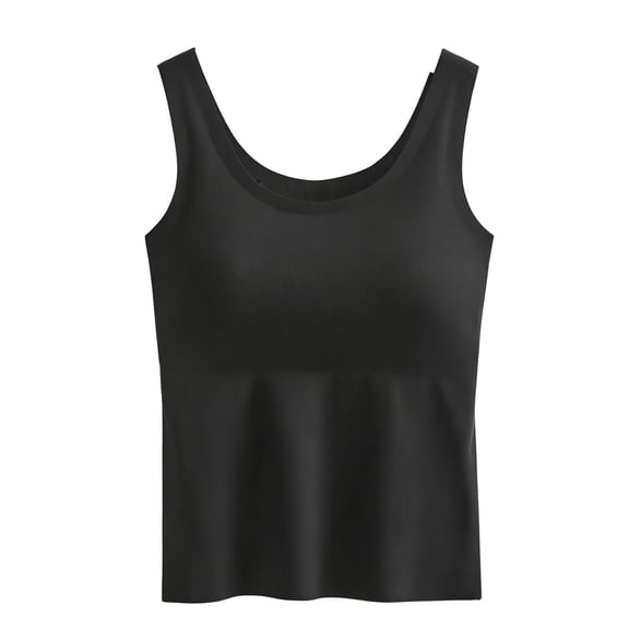 Padded Undershirts for Women Solid Color Scoop Neck Seamless Tank Top with Built-In Bra Soft Summer Everyday Cami Black 2XL