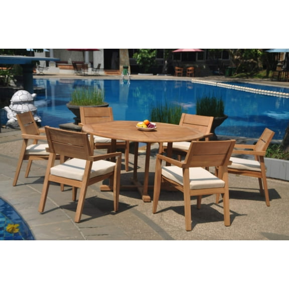 Grade-A Teak Dining Set: 6 Seater 7 Pc: 60" Round Table And 6 Vellore Stacking Arm Chairs Outdoor Patio WholesaleTeak #WMDSWVm