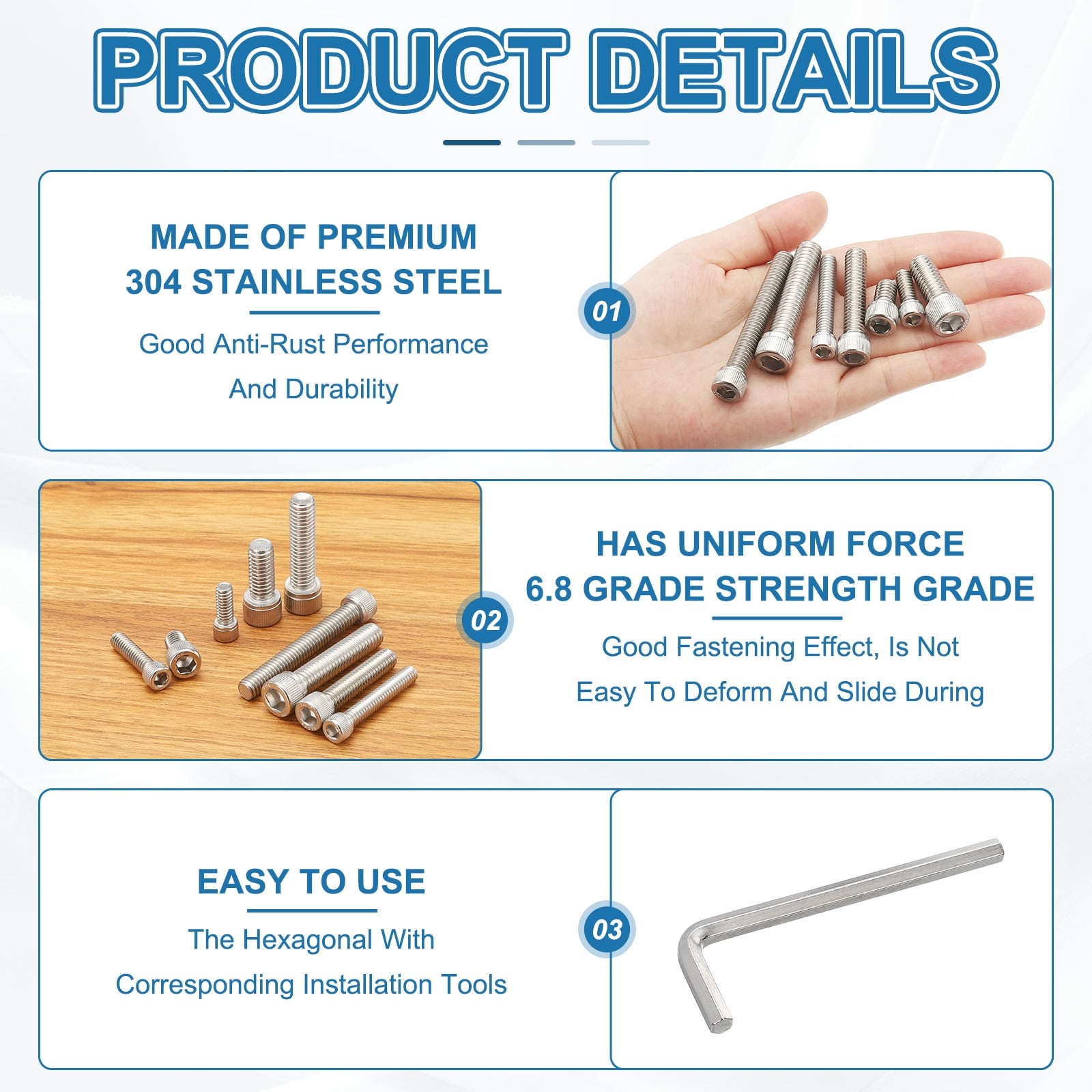 Uxcell Socket Head Screws Cap Bolt, 304 Stainless Steel Hexagon Socket Screws Silver/Black 3"-18 x 3" 10