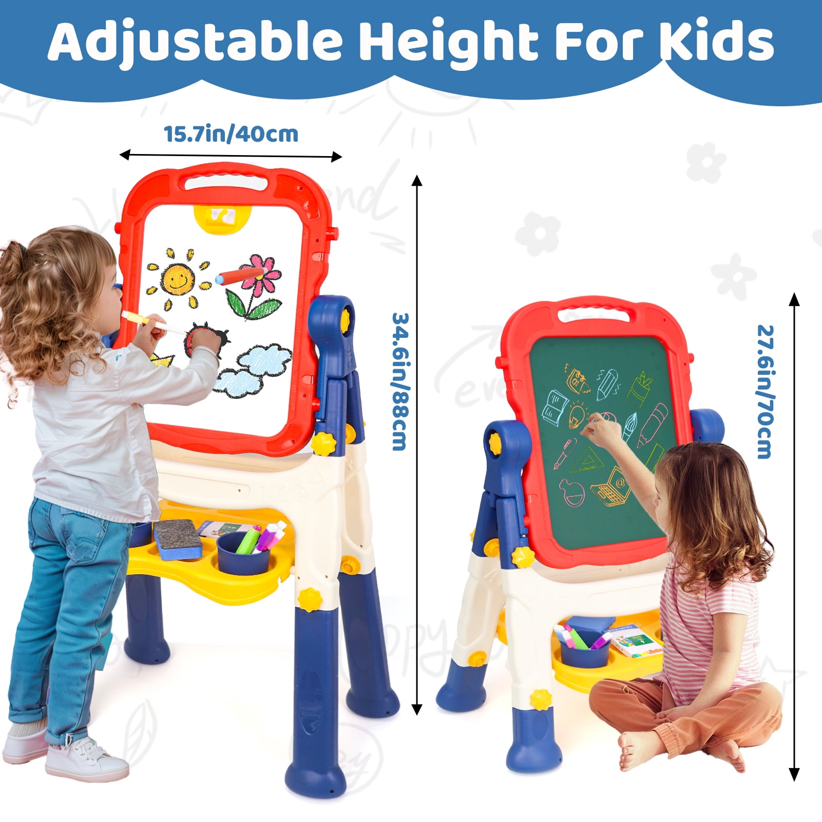 Kids Easel for Toddlers Age 3+, Art Magnetic White Board & Chalkboard Double Side Adjustable Stand, Drawing Writing Learning Educational Toy for 3 4 5 Year Boys Girl Birthday Gifts, Blue