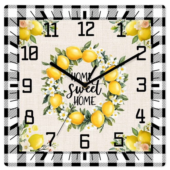 Summer Lemon Wooden Wall Clock Silent Non Ticking, Farmhouse Black Check Plaid Vintage Square Wall Clocks Battery Operated, Decor Clock for Home Office, Living Room, Kitchen, 10 Inch