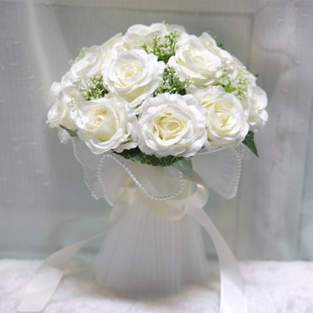 Zhuge Wedding Bouquets for Bride, White Bridal & Bridesmaid Artificial Flower Bouquets, Wedding Bouquets with Silk Ribbon Ideal for Bride & Valentine's Day