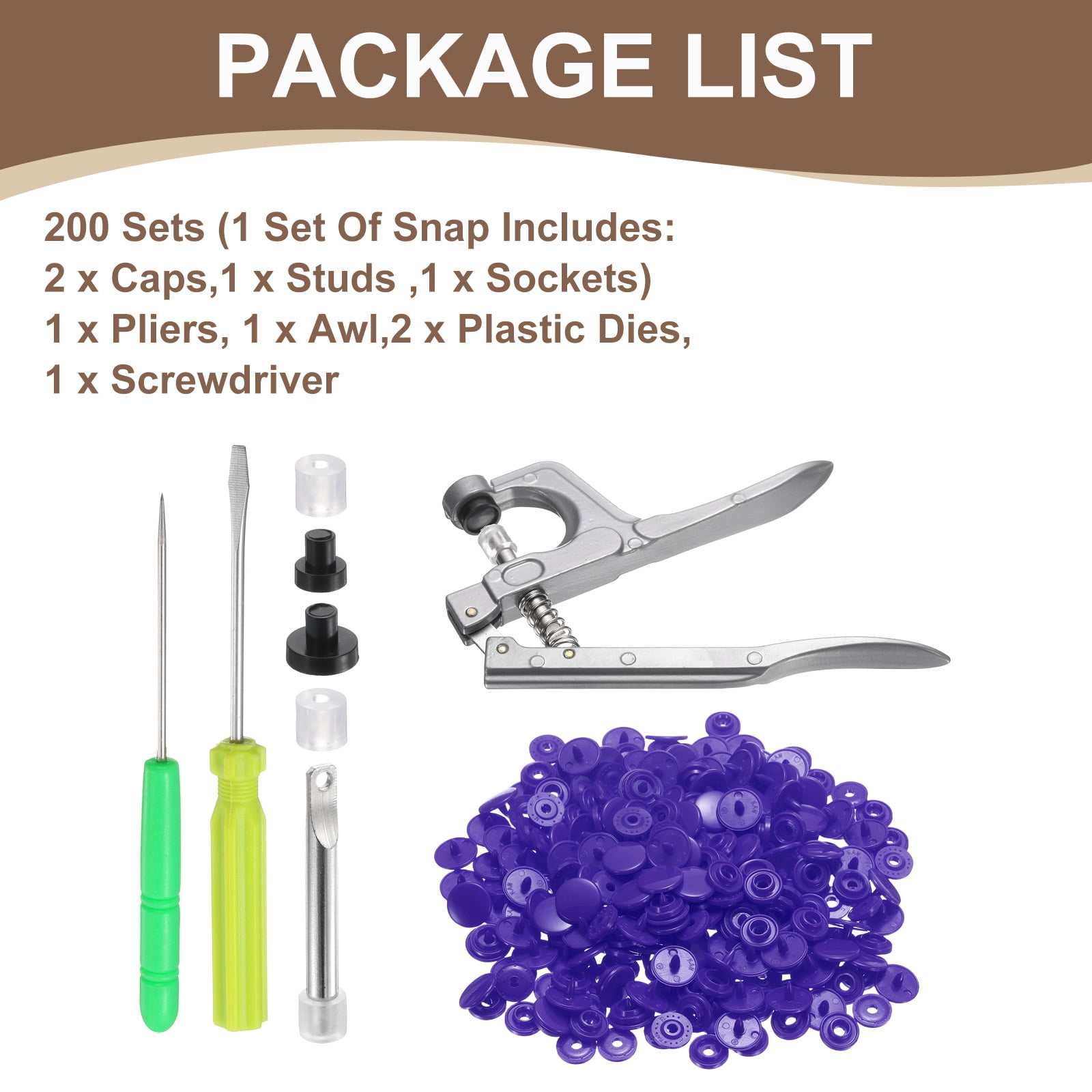 Uxcell Plastic Snaps Fasteners with Snap Pliers, 200 Set T3 Round Resin No-Sew Button Snap Fasteners Kit Purple