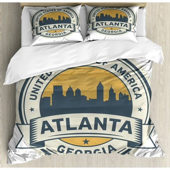 Georgia Duvet Cover Set Queen Size, Emblem Inspired Lettering United States of America Atlanta, Decorative 3 Piece Bedding Set with 2 Pillow Shams, Slate Blue Eggshell and Sand Brown, by Ambesonne