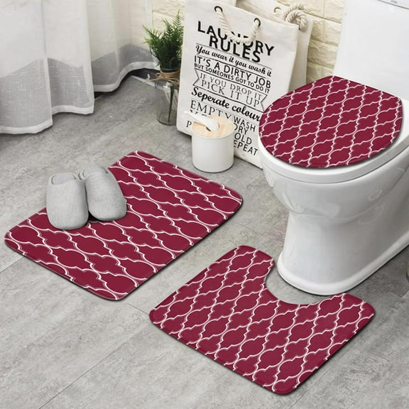 Burgundy Geometric Quatrefoil Pattern Bathroom Rugs Sets 3 Piece,Toilet Cover Set,Absorbent Non Slip Bathroom Mats Sets with U-Shaped Contour Rug Toilet Rug Set