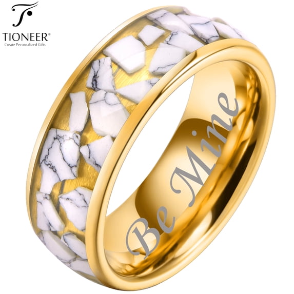 Tungsten Carbide 8mm Wedding Band in Black or Gold w/ White Turquoise Ceramic Fragments w/ Free Engraving Options