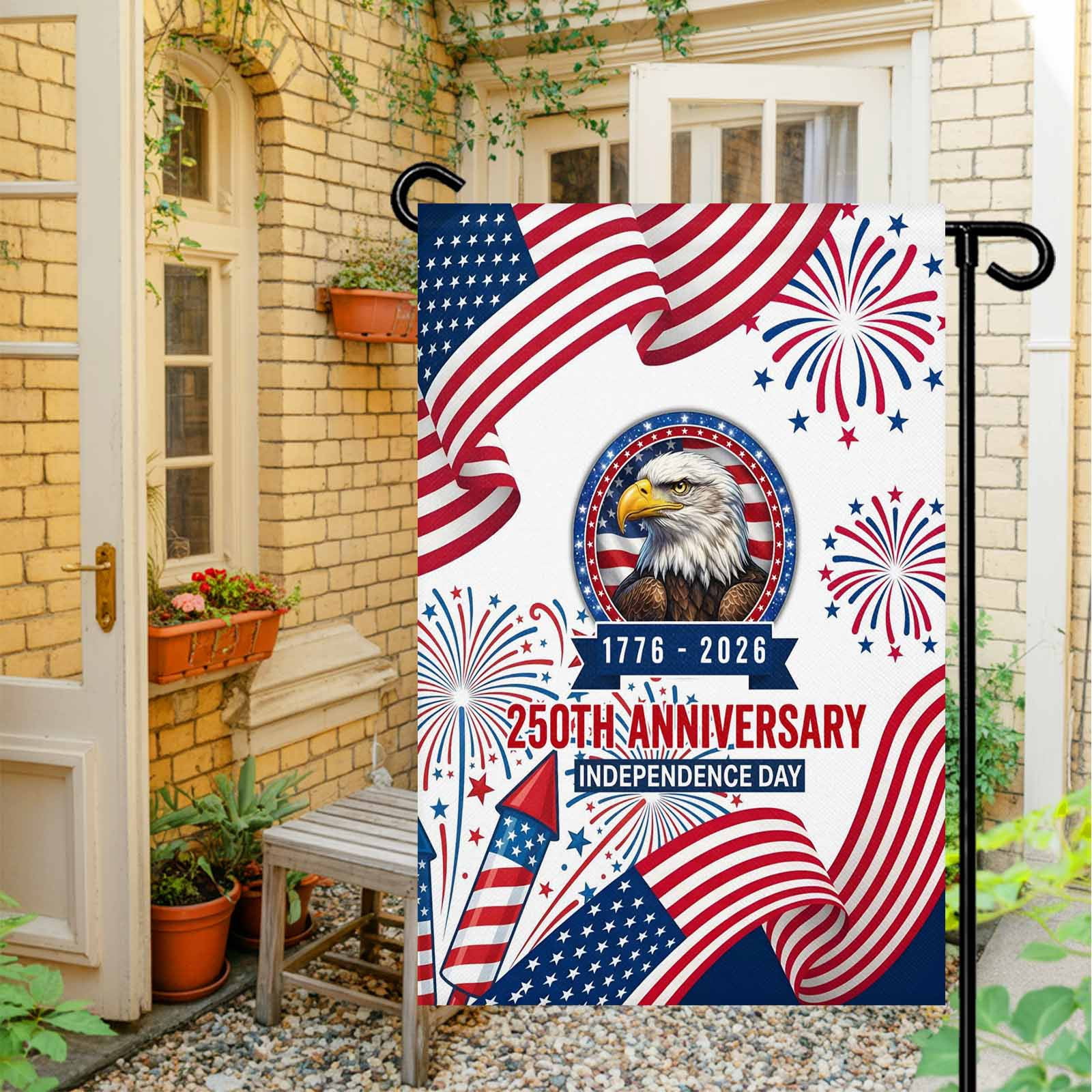 4th of July Garden Flags 250th Anniversary Garden Flag Double Sided Welcome Flag Eagle Fireworks USA Flag Independence Day Yard Flags for Outdoor Lawn Porch Memorial Day Holiday Decor 28x40 Inch