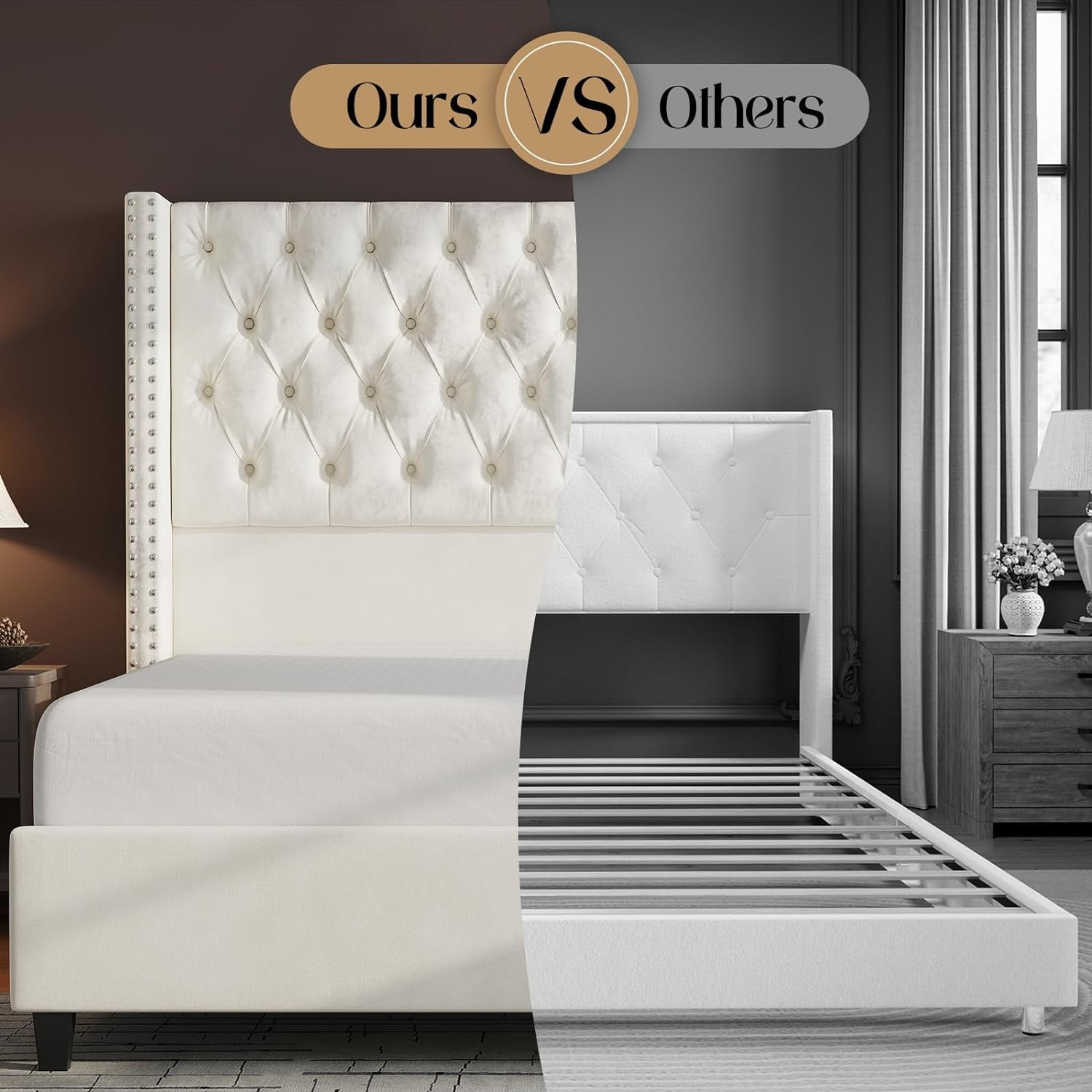Merluxy King Bed Frame with Deep Button Tufted and Velvet Wingback Headboard,No Box Spring Needed,Cream