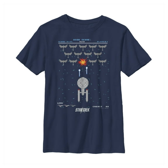 Boy's Star Trek Enterprise Pixel Video Game Battle Graphic Tee Navy Blue X Large