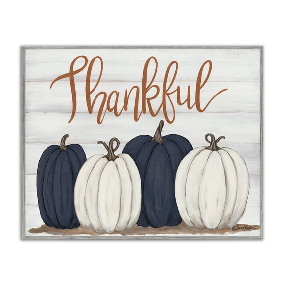 Stupell Industries Farmhouse Thankful Greeting with Pumpkins Gray Framed Giclee Art, 20 x 16, by Sara Baker