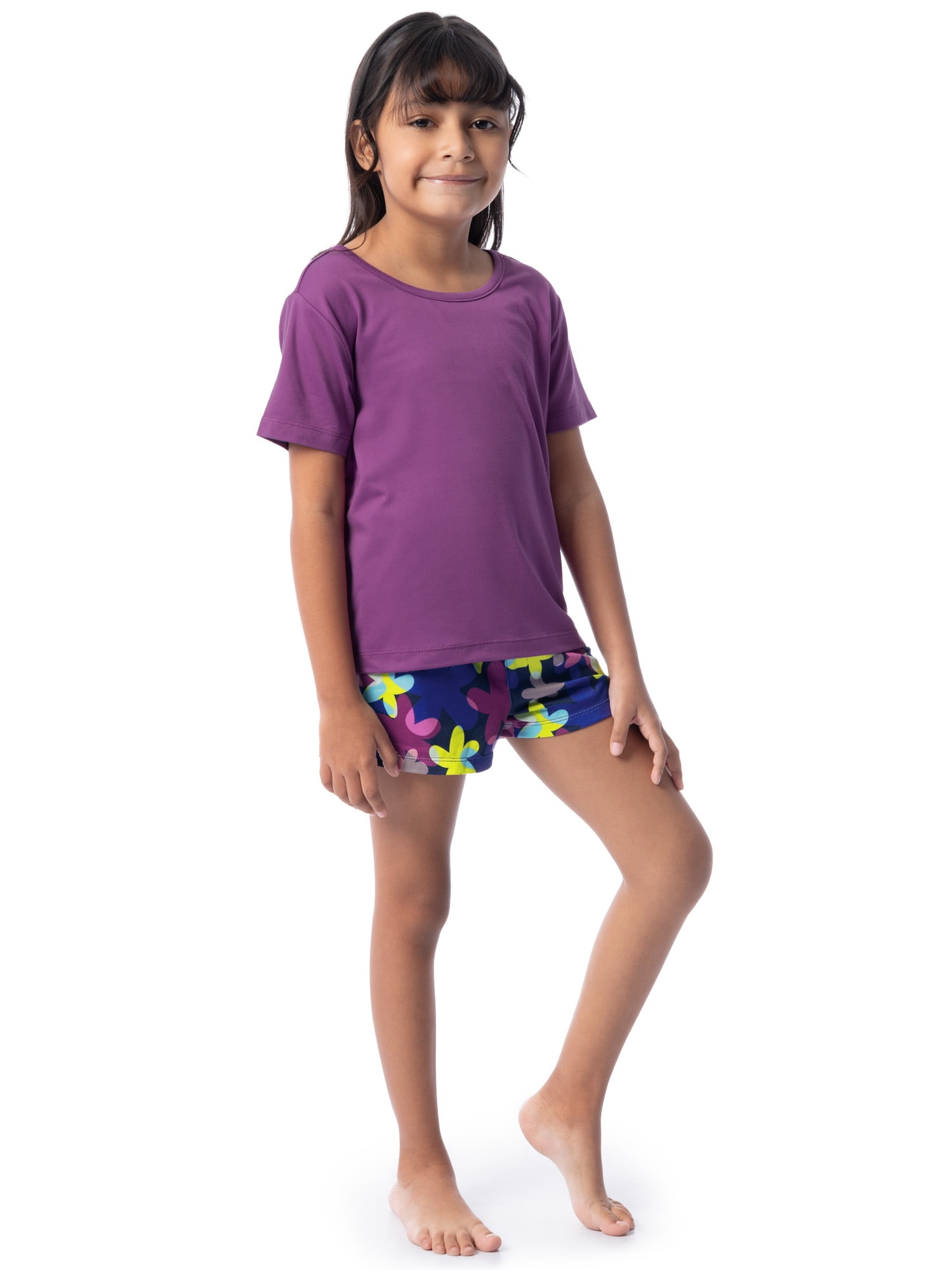 Fruit of the Loom Girl's Getaway Loose Fit Short Sleeve Top, Pajama Sleep Pant & Short Set, 3-Piece, Sizes 4/5-14/16