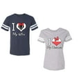 thumbnail image 1 of I Love My Husband Wife Unisex Couple Matching Cotton Jersey style T-Shirt Contrasting stripes on sleeves (Men Navy / Women Heather) (Men M / Women XL), 1 of 3
