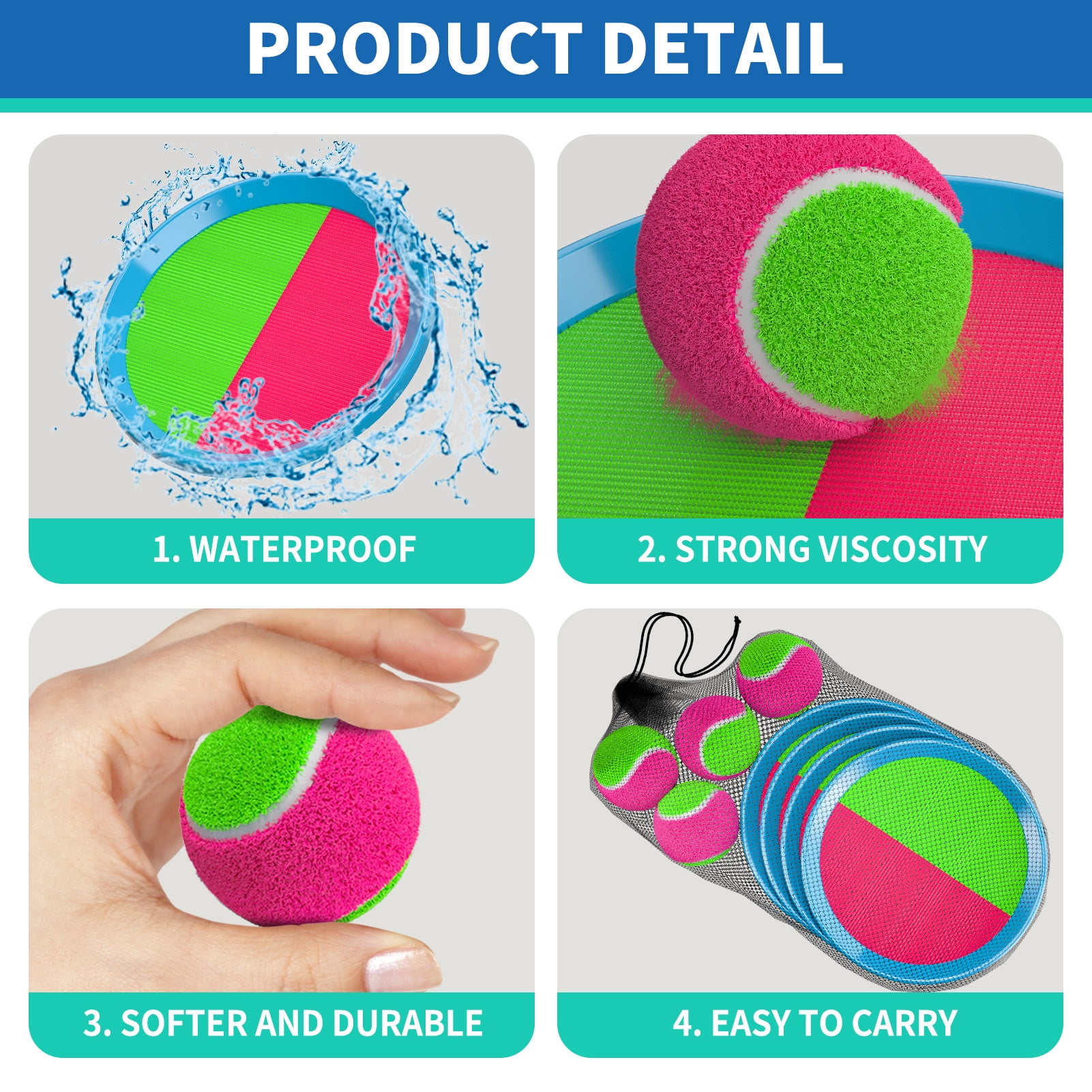KukuFun Toss and Catch Ball Game for Kids, 4 Paddles, 4 Balls & Storage Bag, Outdoor Toys for Ages 3-10, Yard Backyard Beach Games