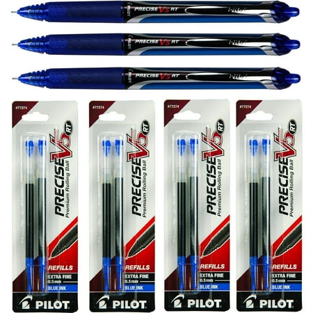 Mono Refill Pen Pilot , 3 Pens 26063 with 4 Packs of Refills, Blue Ink, 0.5mm XF, Pilot Precise V5 RT, 3 Pens With 4 Packs of Refills, Blue Ink, 0.5mm Extra Fine Point By Precise V5 RT ()