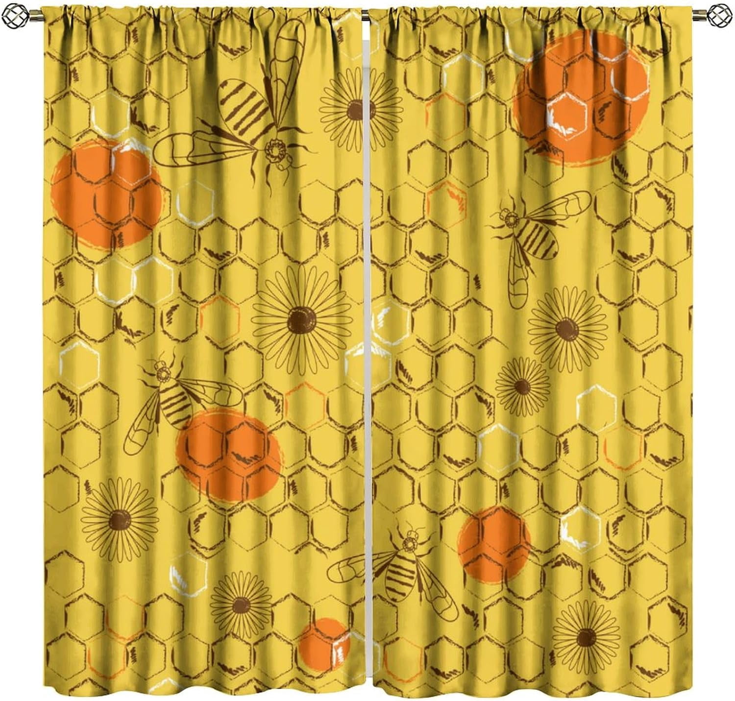 Kids Bee Blackout Curtains Cartoon Cute Bee Yellow Honeycomb Floral Pattern Print Living Room Curtains Suitable for Boys Girls Room Bedroom Decorative Curtains 52x84 Inches