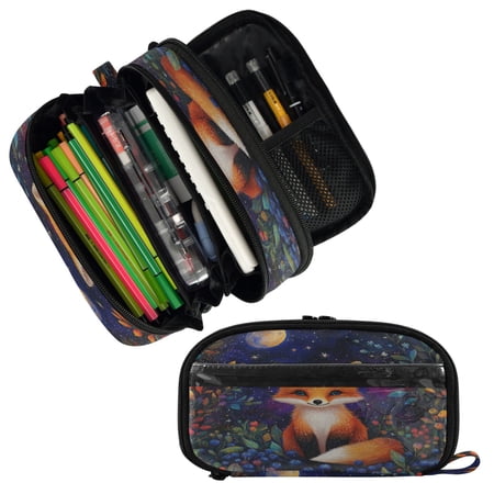 PVC Pencil Case Multi Compartment Large Capacity Dual Zipper Stationery Bag for Office Travel Orange Cute Fox