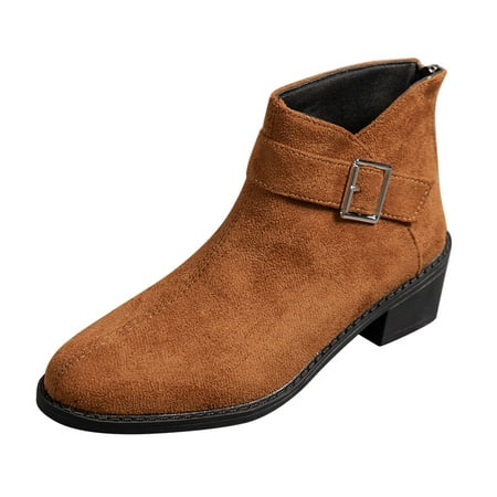 

Women S Ankle Boots Fashion Retro Leopard Pattern Suede Belt Buckle Decoration Zipper Pointed Thick Heel Boots
