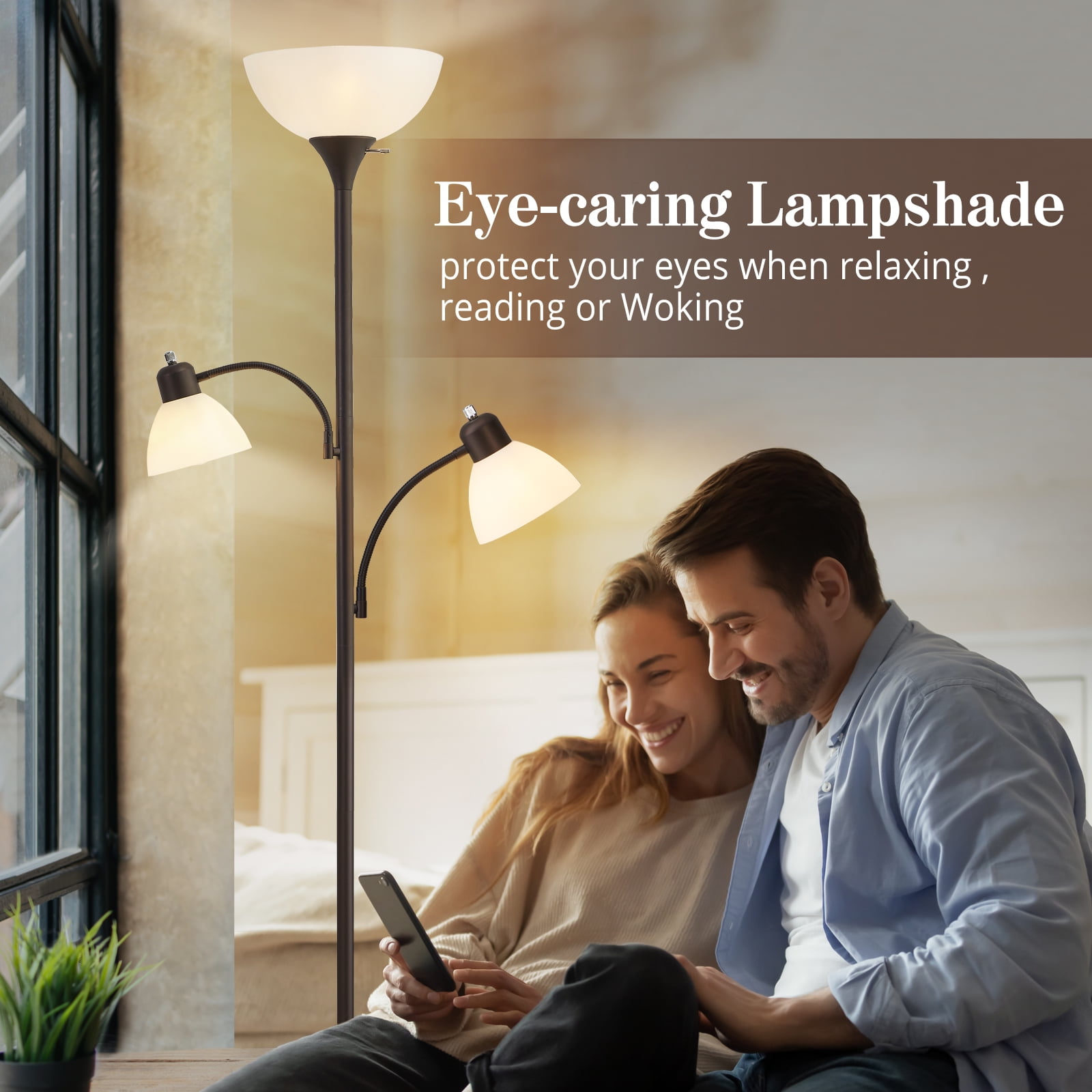 NATYSWAN Torchiere Floor Lamps for Living Room with 2 Reading Lamps, Modern Tall Standing Lamps, Industrial Bright Floor Lamp for Bedroom, Office, Dresser, 3 LED Bulbs Included
