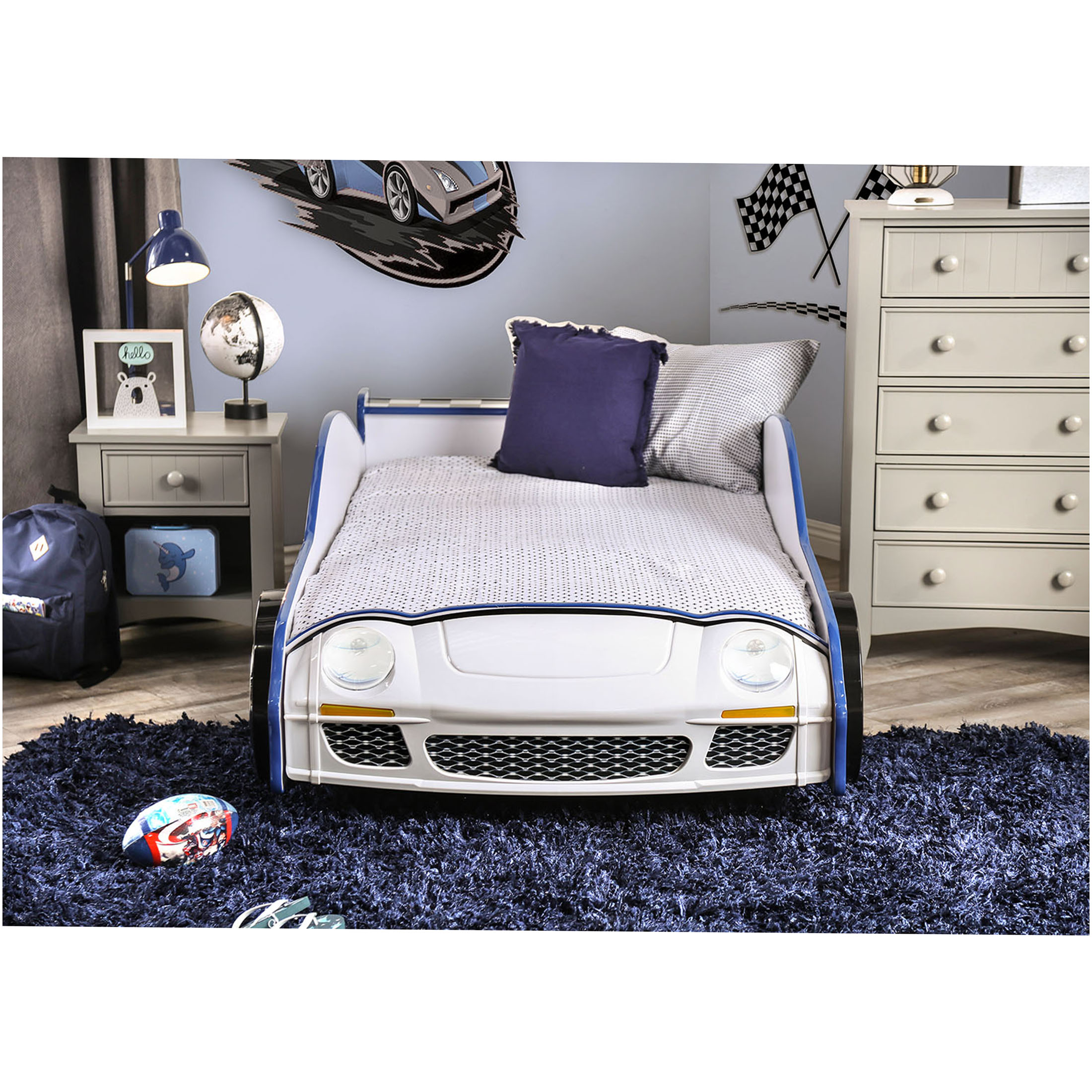 JERFIT Modern Police Car Twin Bed with LED Lights, High Gloss Finish Metal Frame Structure