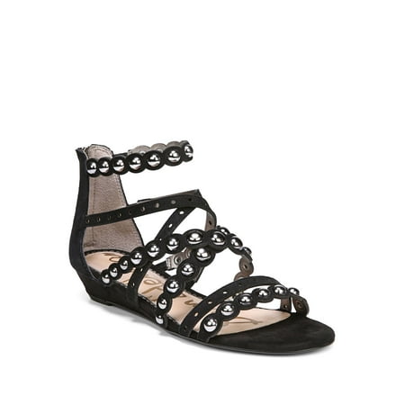 

SAM EDELMAN Womens Black Padded Ankle Strap Studded Scalloped Dustee Almond Toe Wedge Zip-Up Leather Dress Heeled Gladiator Sandal 8.5 M