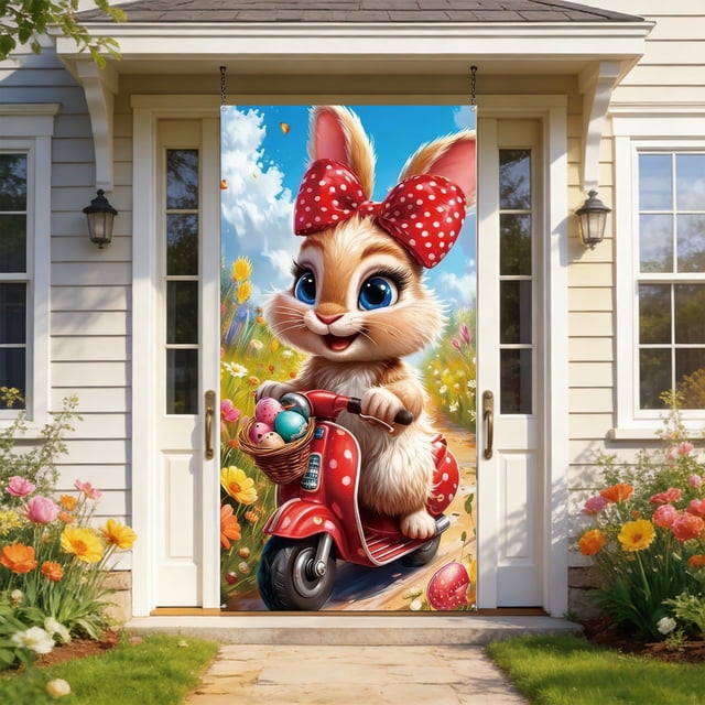 Uuiauoio Easter Door Cover,Easter Door Decorations Bunny Egg Rabbit Hanging Banner Decor Farmhouse Holiday Decor Spring Party Decoration for Front Wall Backdrop Indoor Outdoor 71 x 35 Inch