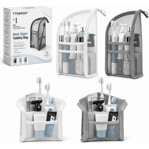 TTDEKGH 2-Pack Mesh Toiletry Bags for Travel, Large Capacity Standing Cosmetic Organizer with Zipper, Foldable Water-Resistant Bathroom Storage Pouches for Women and Men, Gray and White