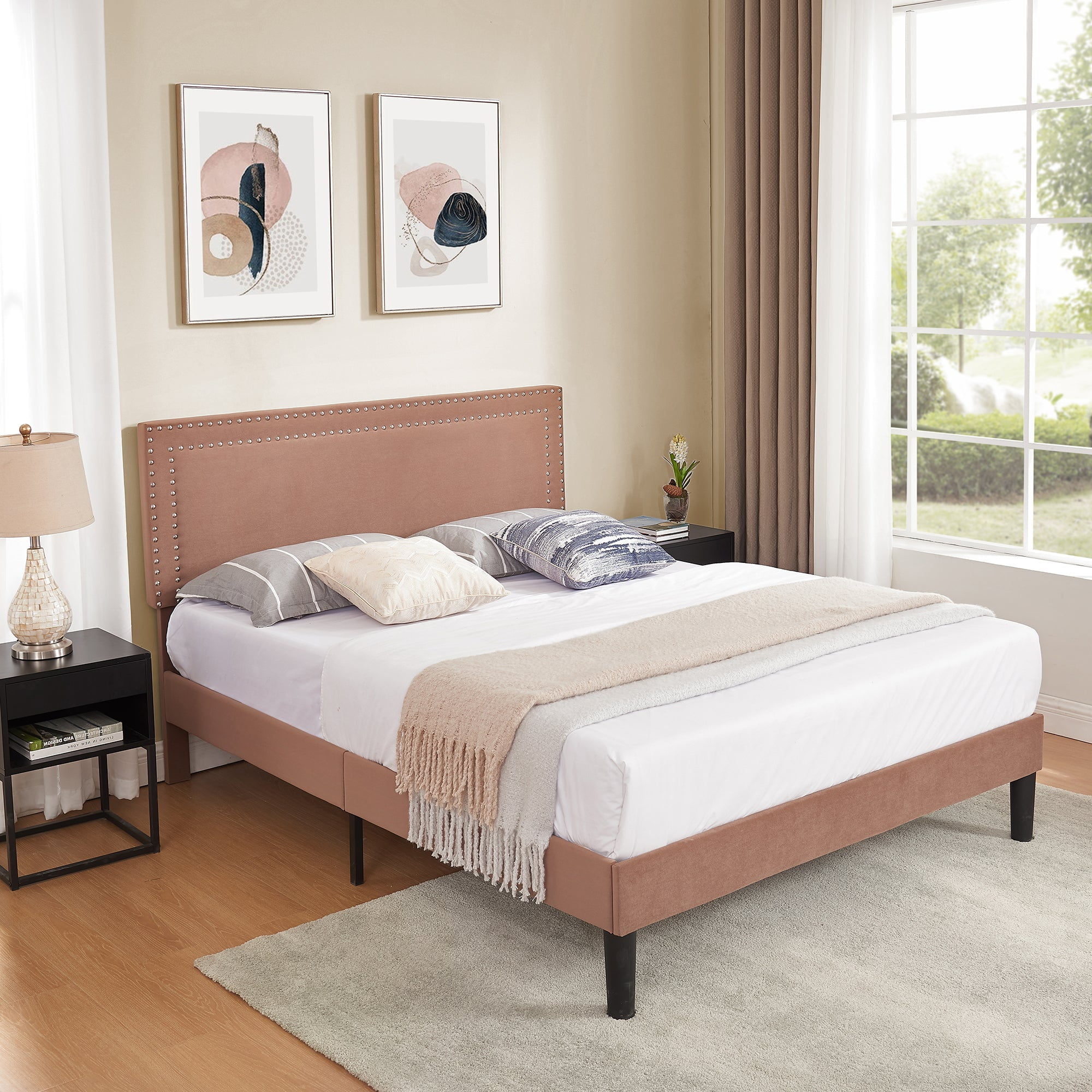 VECELO Full Size Platform Bed Frame, Modern Upholstered Bed Frame with Adjustable Height & Nailhead Trim Headboard, No Box Spring Needed, Easy Assembly, Coffee