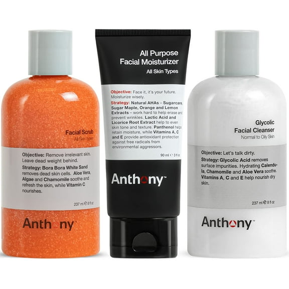 Anthony Glycolic Facial Cleanser 8 Fl Oz, and Anthony Facial Scrub, 8 Fl Oz, and Anthony All Purpose Facial Moisturizer, 3 Fl Oz