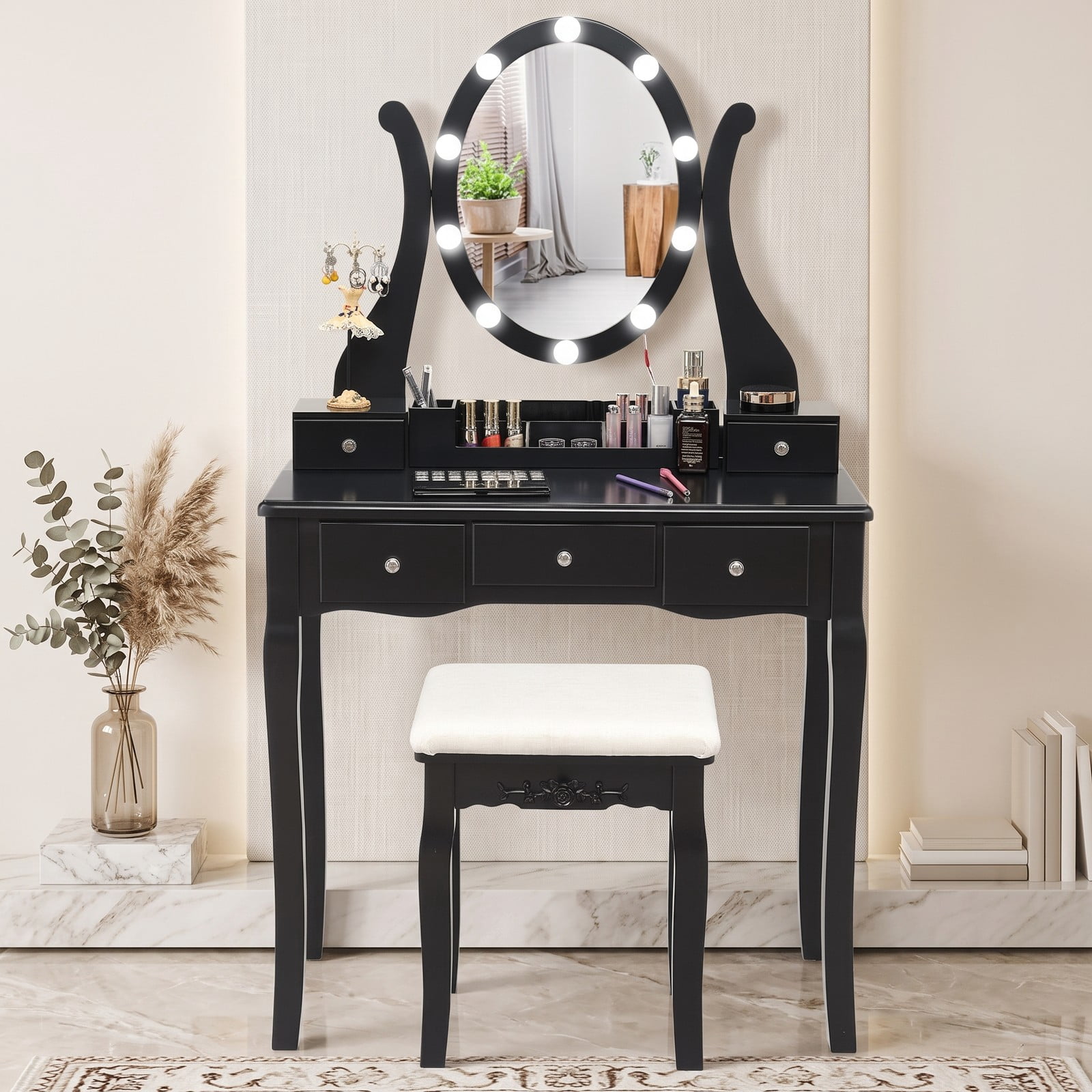 Furnibear Vanity Table Set with 10 Dimmable Light Oval Mirror and Cushioned Stool and 5 Drawers for Bedroom Makeup and Dressing, Black