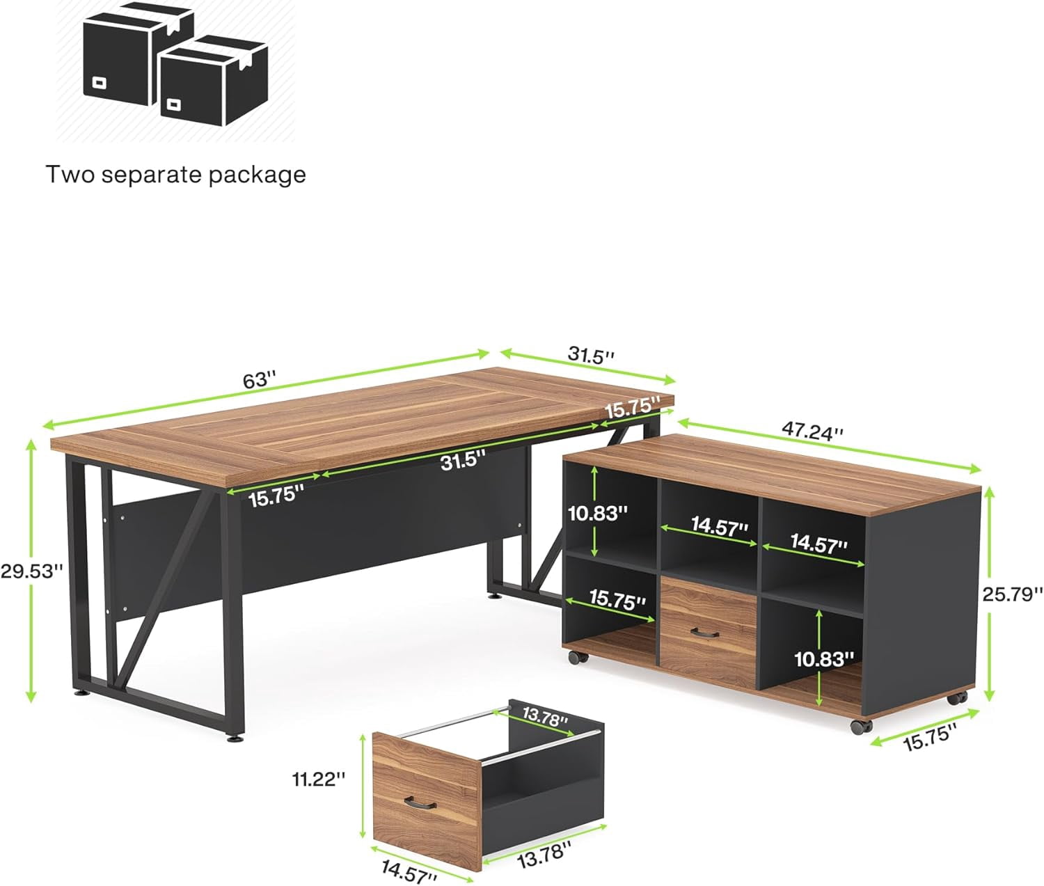 Tribesigns 63 Inch L Shaped Executive Desk and 47" Lateral File Cabinet, Home Office Business Furniture with Drawers and Storage Cubes, Walnut and Black