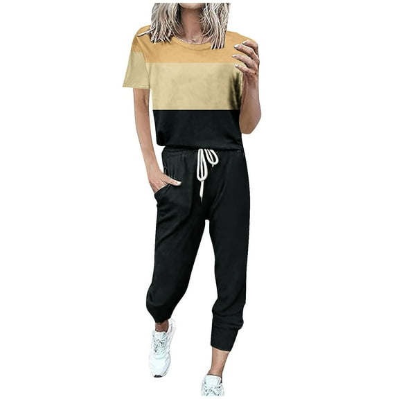 HBYJLZYG Women 2 Piece Outfit 2024 Summer Short Sleeve Crewneck Sweatshirt Matching Drawstring Jogger Pants Sweatsuit Lounge Sets