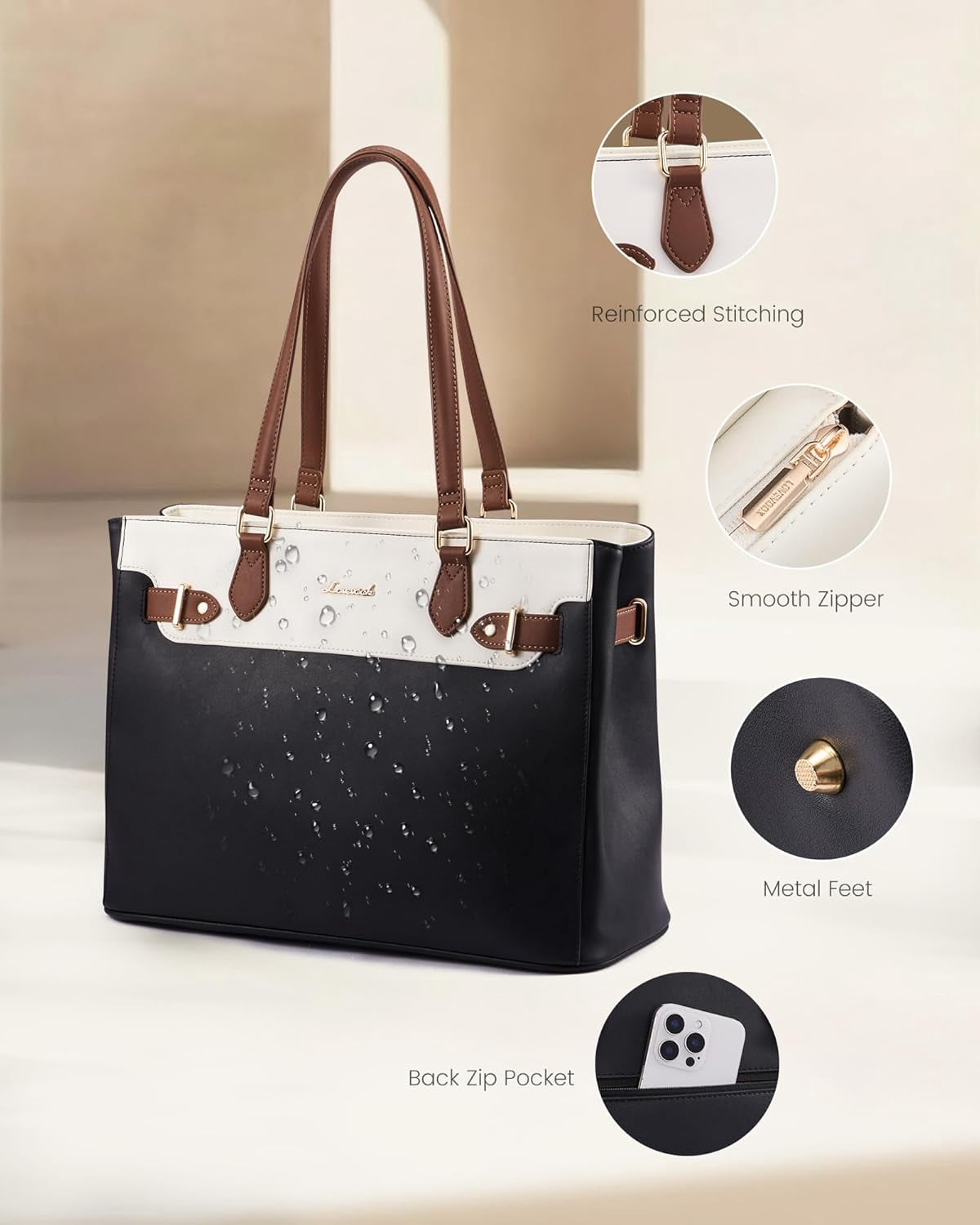 LOVEVOOK Laptop Tote Bag for Women Work, Teacher Tote Bag with Large Cup Holder, 15.6 Inch Waterproof Leather Computer Bag