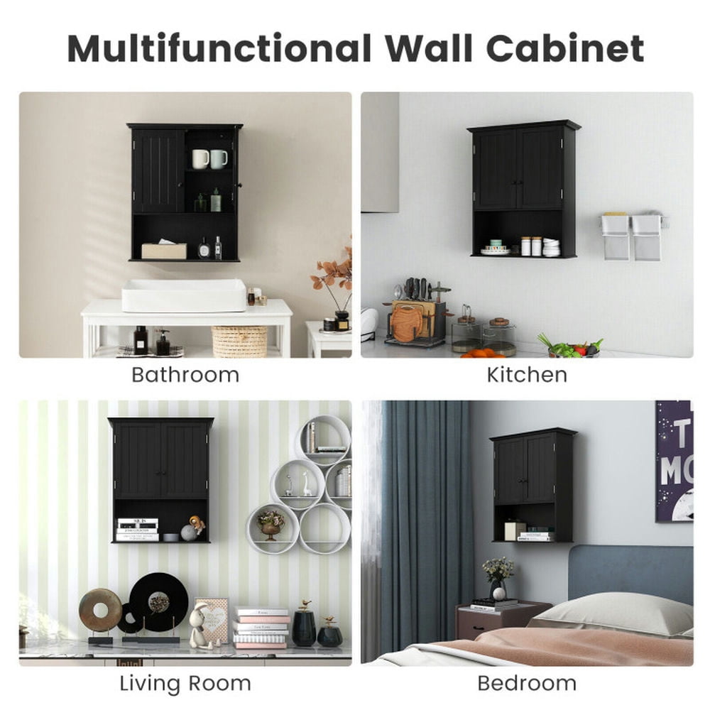 Finihen Wall Cabinet, Wall Mounted Bathroom Cabinet, Medicine Cabinet, 2-Door Wall Mount Bathroom Storage Cabinet with Open Shelf, for Kitchen Entryway Bathroom, Black