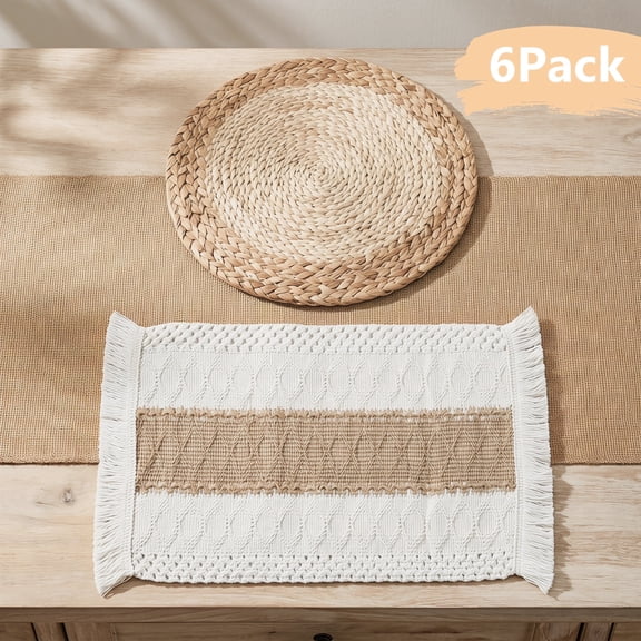 Handmade Boho Placemats Set of 6 – Natural Cotton & Burlap with Water Hyacinth Woven Combination Table Mats, Macrame Décor Farmhouse Style Placemats for Dining Table Kitchen