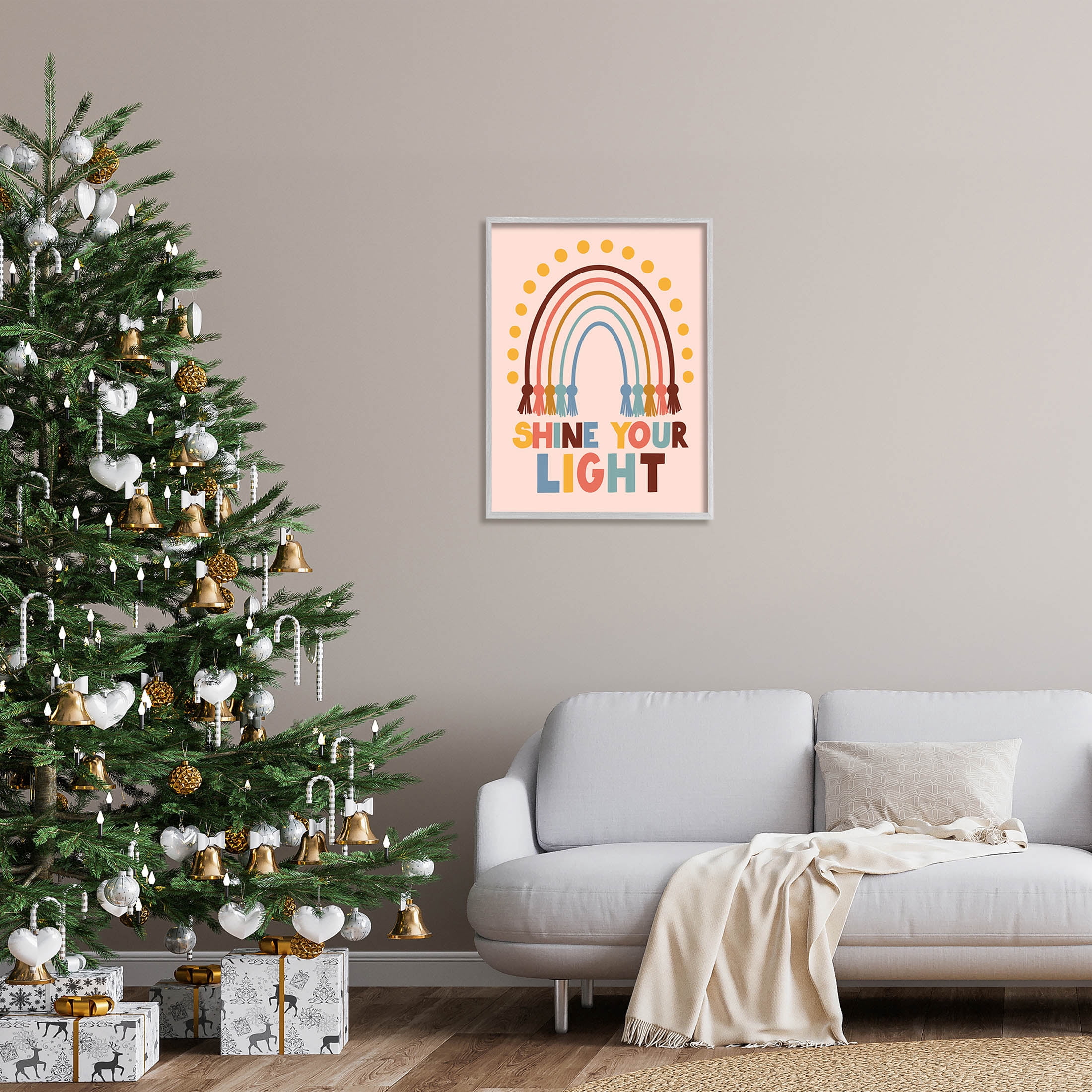 Shine Your Light Hanukkah Rainbow Holiday Graphic Art Gray Framed Art Print Wall Art
