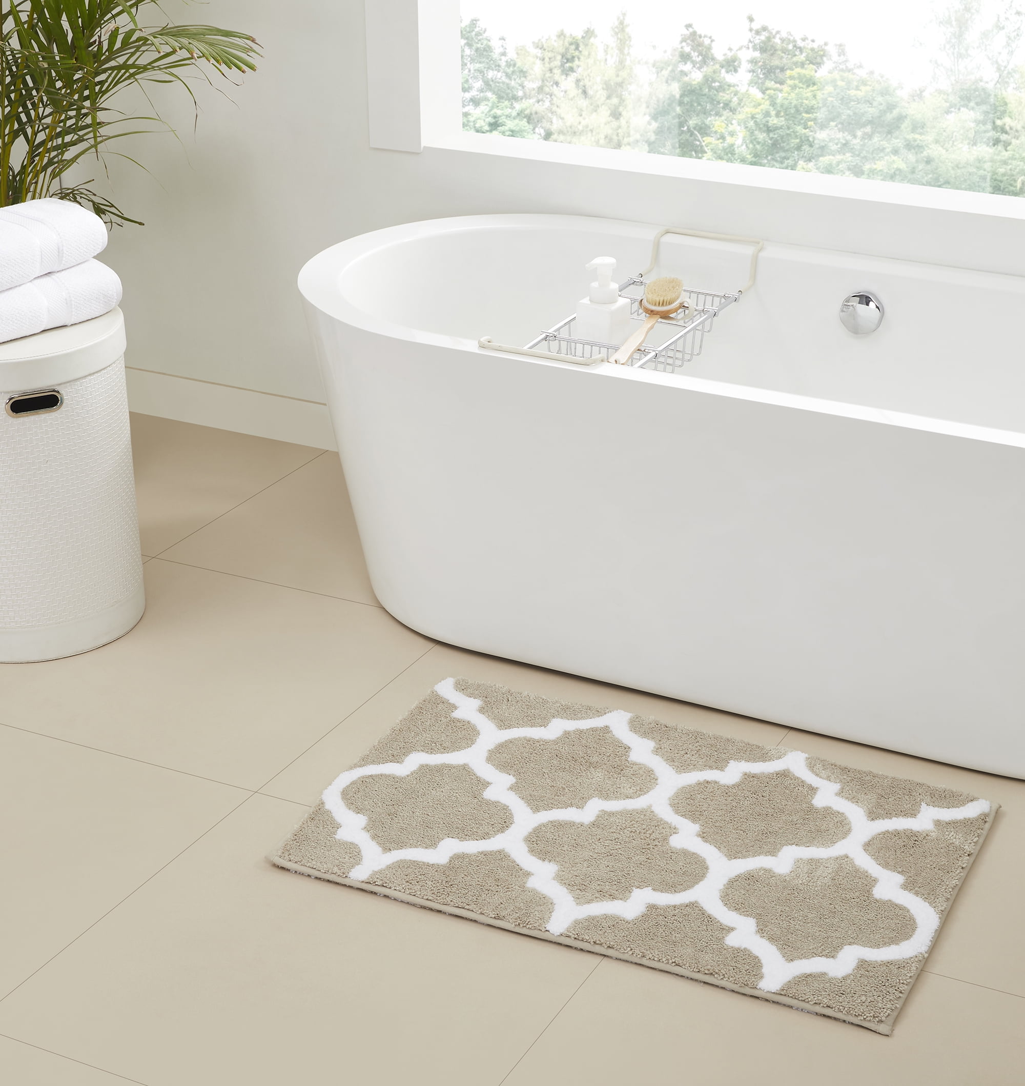 Better Trends 17" x 24" Bathroom Rugs 100% Polyester Soft Water Absorbent Non Slip Bath Mat Machine Washable Rug Marrakesh Collection - Beige