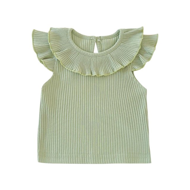 Girls Ruffled Short Sleeve Tops Knit Textured Tee Shirts Kids Mini Crew Neck Lightweight Pullover Casual Loose Blouse Green 6-9 Months