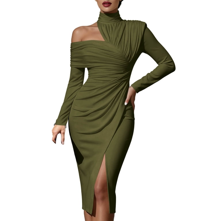 solid ruched long sleeve split midi dress THDHVS Formal Wedding Guest Dress,Solid Color High Neck Long Sleeve Ruched  Bodycon Midi Dress Asymmetrical Split Hem Style,Dresses for Women White L