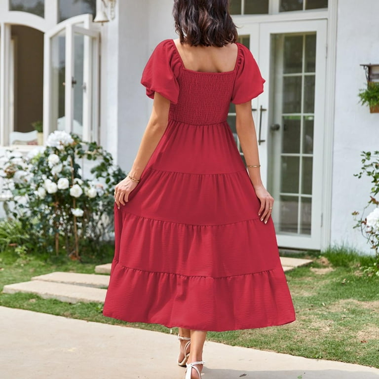 Women's Pleated Smocked Maxi Dress Empire Waist Ruffle Hem
